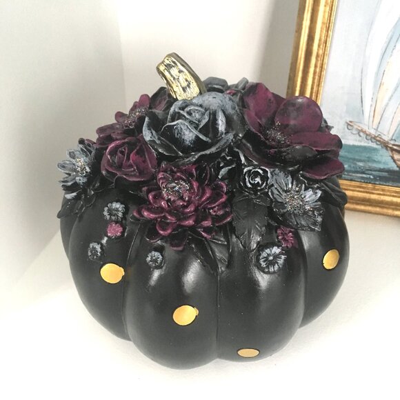 Halloween Floral Pumpkin Decor Polka Dots Tabletop Farmhouse Shabby Chic - Picture 2 of 8